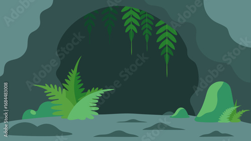Damp Fern Grotto Nature Vector Illustration Lush Green Woodland Scene