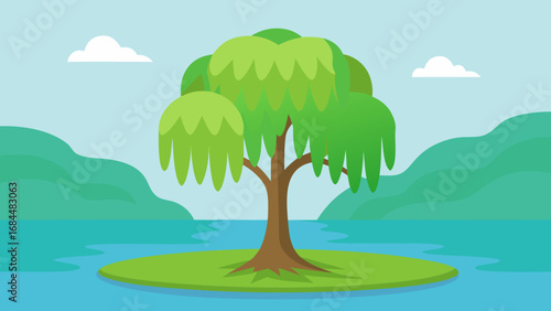 Weeping Willow Tree by River Nature Vector Illustration Peaceful Waterside Scene