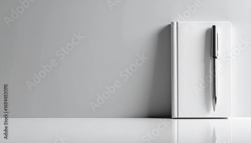A minimalist composition of a blank, white notebook and a sleek pen, resting against a plain, neutral wall, evoking notions of writing, planning, and creativity