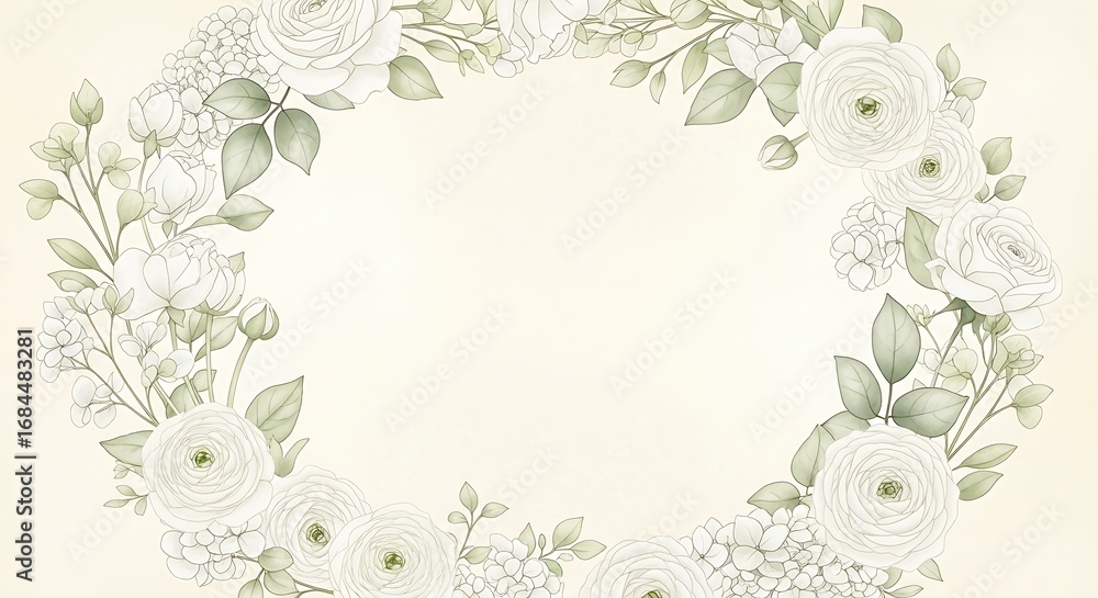 Elegant Floral Frame with White Roses and Greenery on Cream Background Elegant Floral Frame with White Roses and Greenery on Cream Background