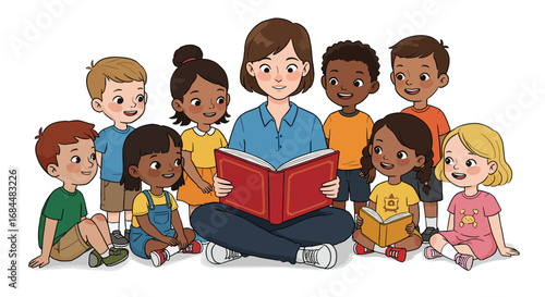 Teacher Reading Book to Diverse Group of Young Children 3.