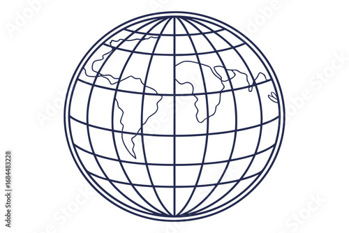 Outline illustration of a globe with continents and latitude longitude lines earth world