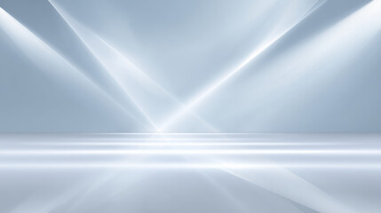 Bright, clean, abstract white background with modern, reflective floor. Crisscrossing spotlight beams create calm and empty studio space for product display