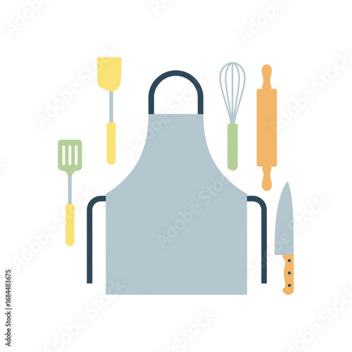 Flat lay kitchen utensils composition with apron preparing culinary dishes and baking