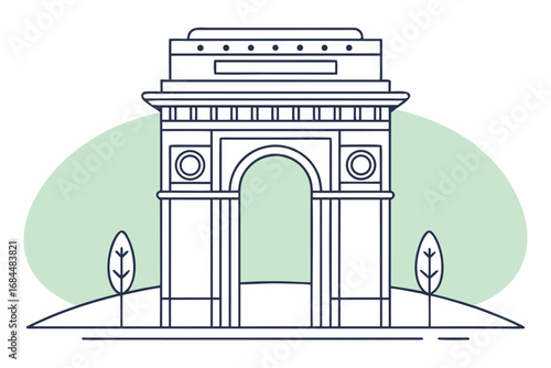 Outline illustration of India Gate monument with trees and a green oval background Delhi architecture