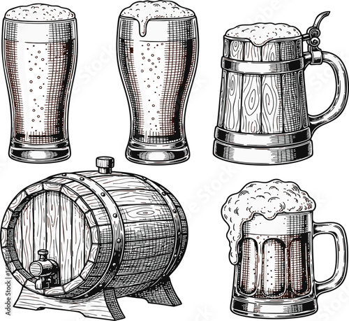 Handdrawn beer glasses and wooden barrel showcase traditional brewing elements in vintage engraving style, evoking a rustic and artisanal atmosphere.