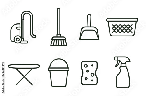 Set of cleaning tools icons: vacuum, broom, dustpan, laundry basket, ironing board, bucket, sponge, spray bottle