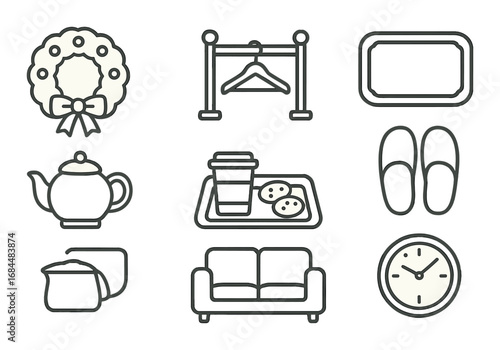 Cozy home essentials: teapot, sofa, slippers, clock, door wreath, clothes hanger, serving tray