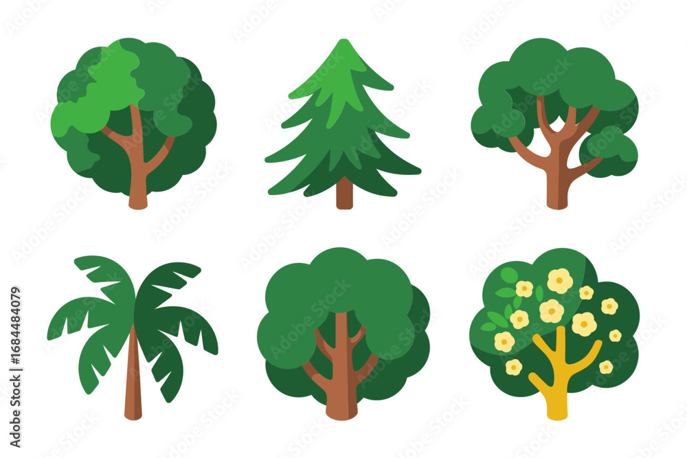 Fototapeta premium Fruit tree and forest icons, apple citrus and evergreen varieties, natural park vegetation, agricultural orchard symbols, outdoor landscape vector collection