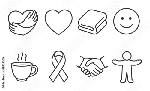 Symbols of love, care, community: heart, hug, blanket, smiley, coffee, awareness ribbon, handshake, welcoming