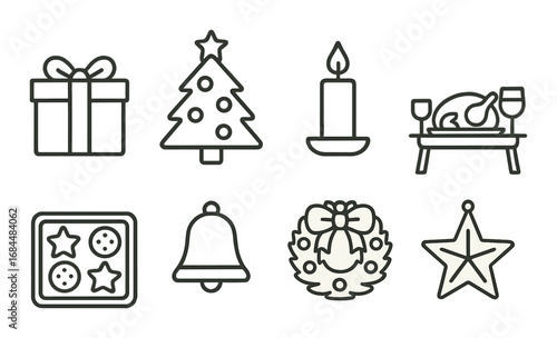 Outline icons of christmas gift, tree, candle, meal, cookies, bell, wreath, and star