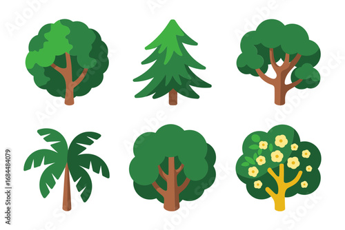 Fruit tree and forest icons, apple citrus and evergreen varieties, natural park vegetation, agricultural orchard symbols, outdoor landscape vector collection
