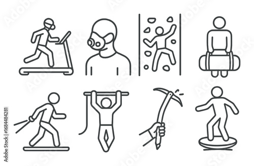 Fitness activities: treadmill, climbing, surfing, hiking, pull-ups, carrying, training, mask