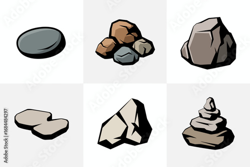 Minimal stone icon pack, vector rock shapes, low poly illustrations, natural pebble set, cairn stack icons, neutral tones, scalable