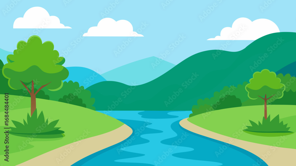 Fototapeta premium Stroll Along a Lush River Bank Vibrant Nature Vector Illustration Design