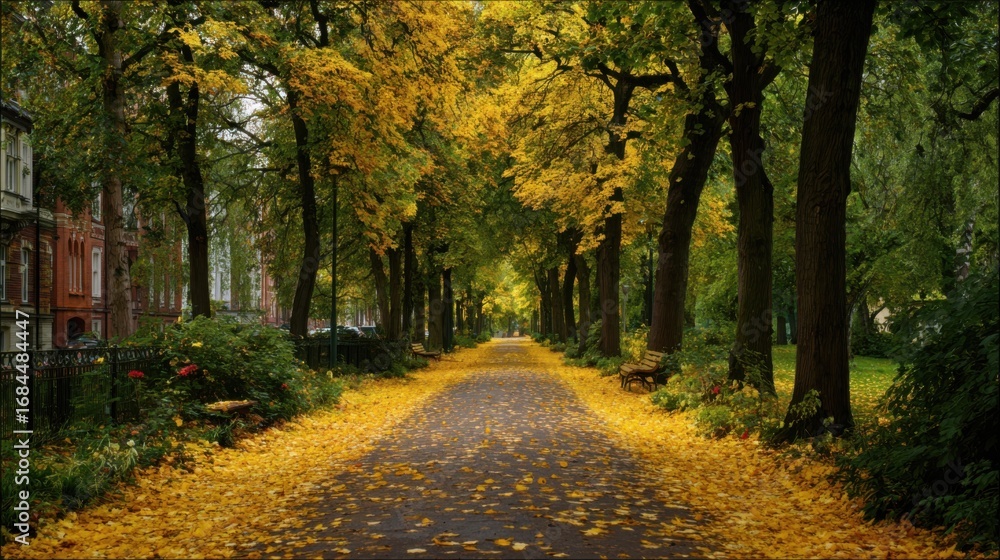 Obraz premium イチョウの葉っぱが降り積もった道