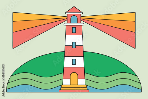 Red and White Striped Lighthouse with Colorful Beams on Hill beacon navigation