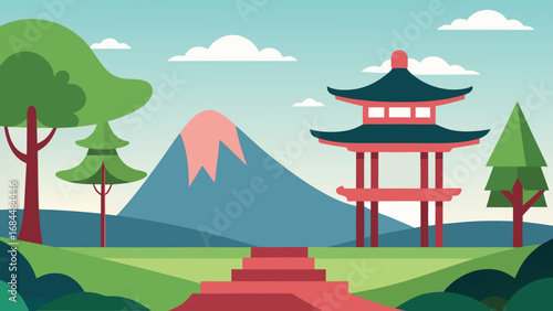 Explore Traditional Japanese Garden Serene Nature Vector Illustration