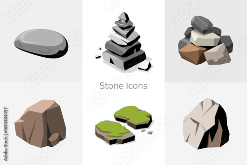 Modular stone icon set, rock cliff parts, pebble and cairn pieces, composition variations for games and UI, clean vector shapes