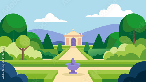 Stroll a Manicured English Garden Elegant Nature Vector Illustration