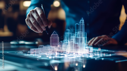 Fototapeta Naklejka Na Ścianę i Meble -  An architect brings architectural designs to life with 3D holographic construction models. The concept of innovation in architecture and futuristic design. Generative Ai.