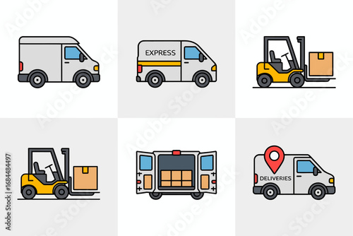 Delivery service icon pack, courier van truck illustrations, forklift handling pallets, loading unloading scenes, location pin symbols, flat logistics vectors
