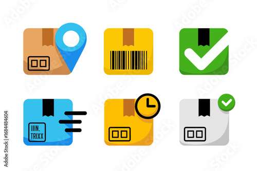 Shipping tracking icons, parcel box symbols, barcode scan badge, estimated delivery clock, location marker, secure checklist, fast logistics UI vectors