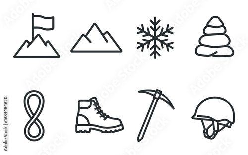 Icon set featuring mountains, snowflake, rope, and climbing gear
