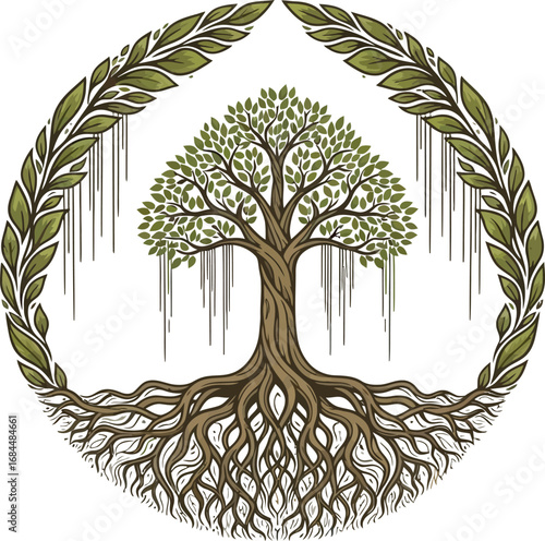 Symbolic Banyan Tree of Life in a circular leaf frame.