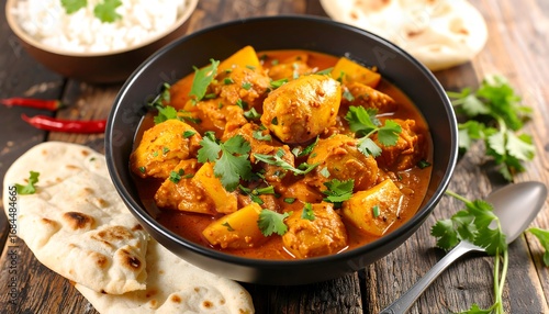 Aromatic chicken curry with rice and naan