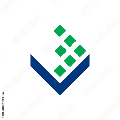 Grid check abstract logo in green and gray, symbol of quality, verification, and corporate trust.