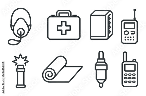 Emergency equipment icons set including first aid kit, radio, mask, and flashlight