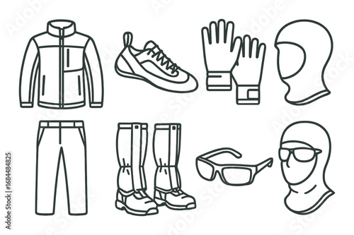 Essential gear for mountain hiking: jacket, boots, gloves, balaclava, and sunglasses