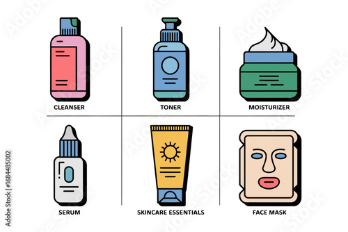 Cosmetic skincare product icons, cleanser toner moisturizer serum sunscreen mask illustrations, beauty essentials grid, flat bottle tube jar vectors