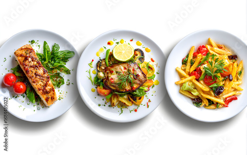 Overhead View of Grilled Fish, Loaded Fries, and Chicken with Peppers