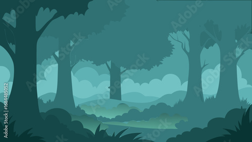 Dense Fog in an Ancient Woodland Nature Vector Art Depicting Eerie Forest
