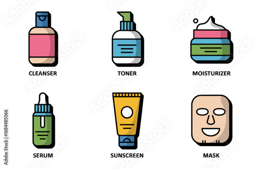 Cute cosmetic bottle illustration set, colorful lotion cream tubes jars, label icons sun serum drop, facial mask pot, flat vectors