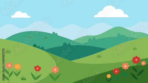 Rolling Hills Covered in Wildflowers Nature Vector Art Displaying Floral Meadow