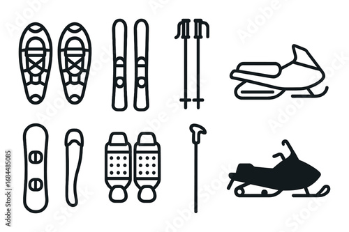 Winter sports equipment variety: snowshoes, ski poles, snowmobiles, snowboards