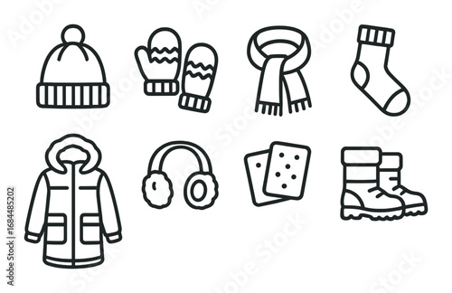 Winter clothing icons set: hat, mittens, scarf, socks, coat, earmuffs, boots