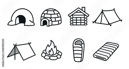 Diverse outdoor shelters and camping gear illustration