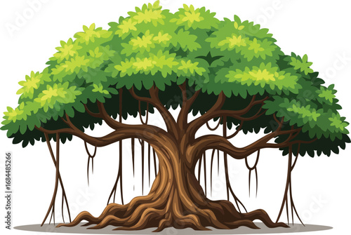 Majestic banyan tree with lush green canopy and aerial roots.