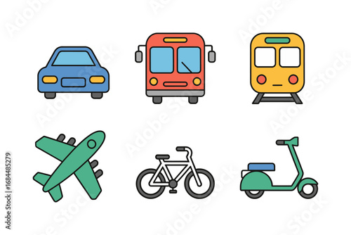 Transportation vehicle icons set, airplane car bus train bicycle scooter, modern flat design travel commuting elements vector illustration graphics