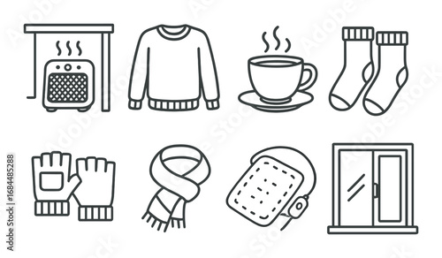 Winter essentials: heater, sweater, cup, socks, gloves, scarf, heating pad, window