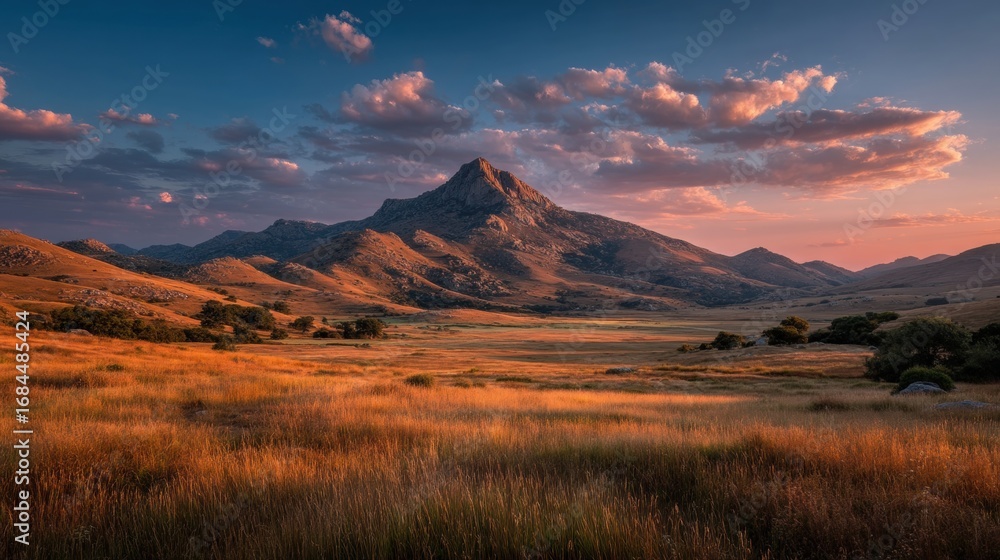 Obraz premium Golden Sunset Over a Mountain Range and Field
