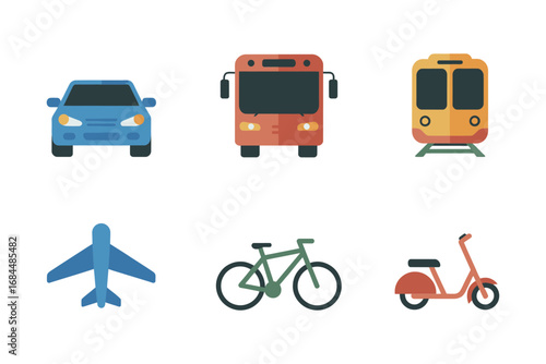 Airplane car bus train scooter bicycle transport collection, mobility commuting icons, flat vector travel journey urban elements graphic design