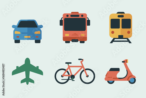 Flat vector transportation icons, airplane car bus train scooter bicycle, commuting travel collection, modern mobility elements illustration graphics