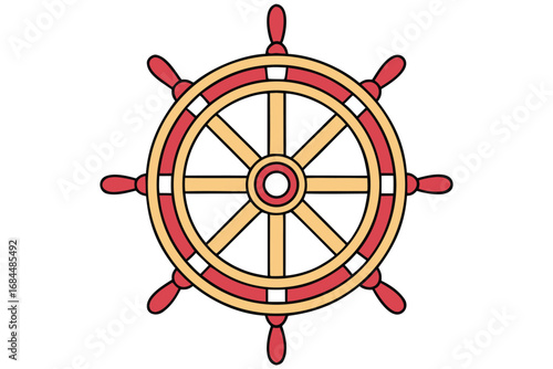 Ship's Steering Wheel With Red And Yellow Spokes On A White Background ship wheel helm