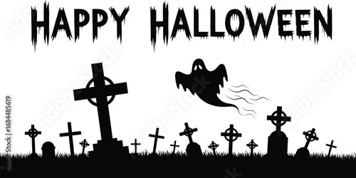 Happy halloween graveyard scene, featuring tombstones, crosses, and a ghost, perfect for holiday themed designs