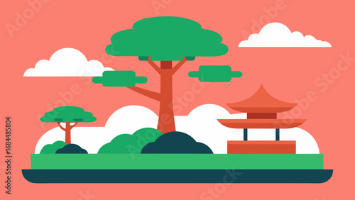 Meticulous Bonsai Garden Nature Vector Drawing Showcasing Miniature Trees